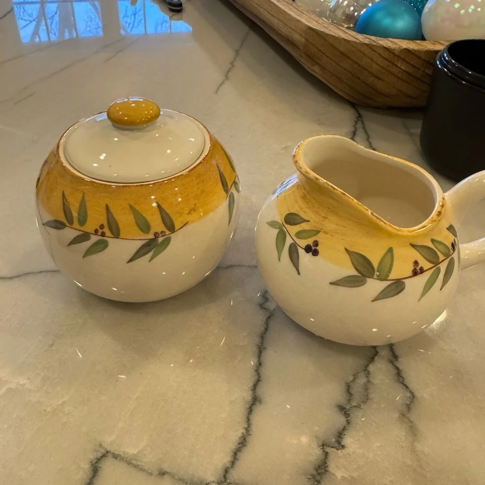 Crate and Barrel Brittany Cream and Sugar Set w/ Olive Branches
